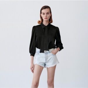 Zara black satin-effect bow blouse